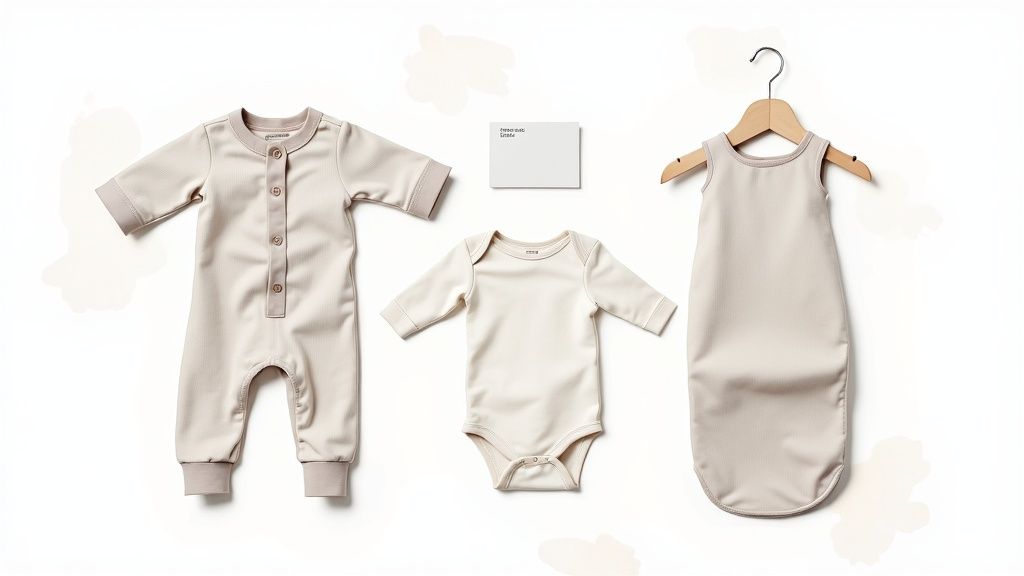 Three pieces of neutral-colored organic baby clothing: a romper, onesie, and sleeping sack.