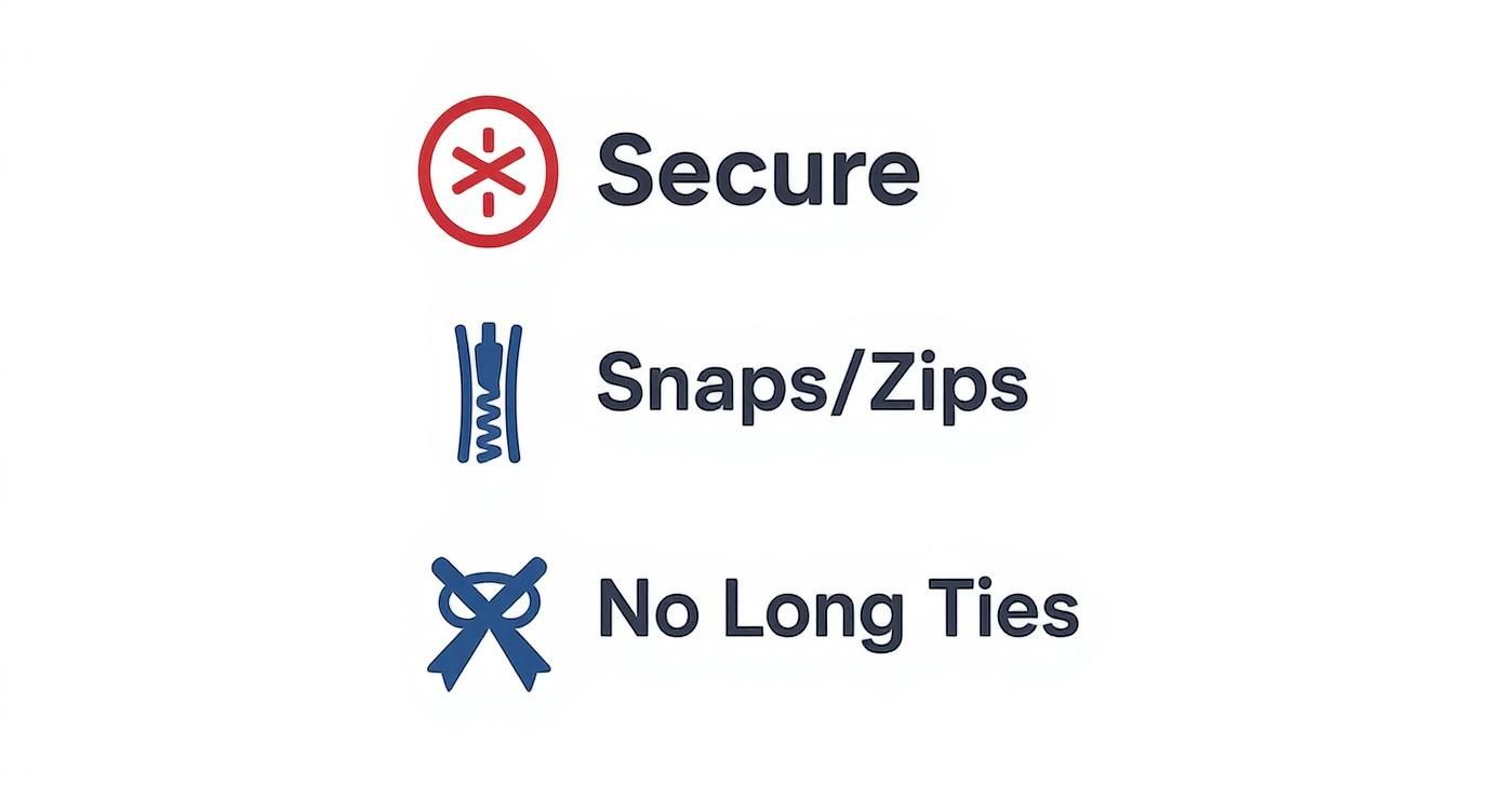 Three icons and text describing clothing features: secure, snaps/zips, and no long ties.