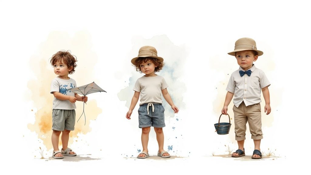 Three adorable toddler boys in stylish summer outfits, one with a kite, two wearing hats.