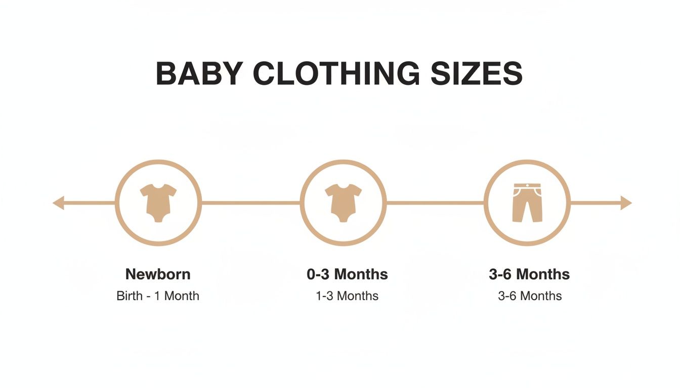 Infographic displaying baby clothing sizes: Newborn, 0-3 Months, and 3-6 Months with their corresponding age ranges.