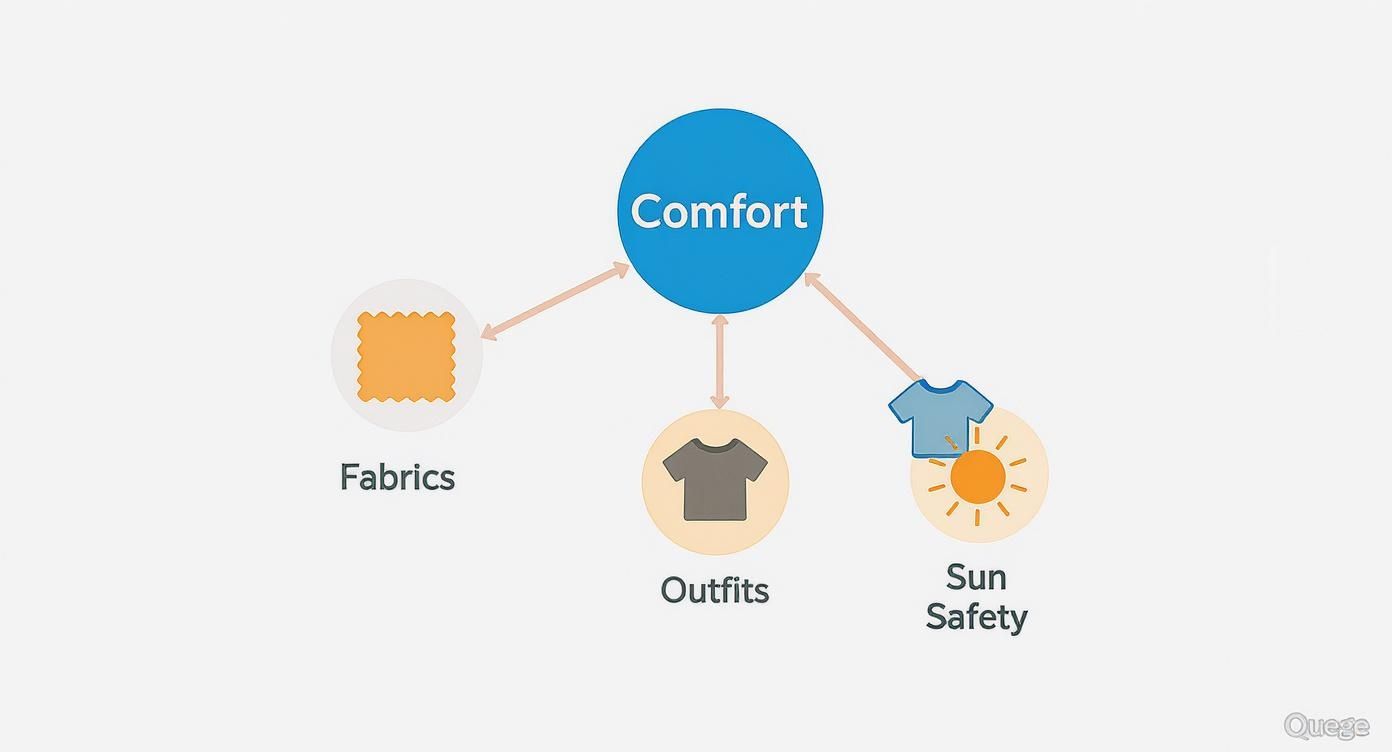 A diagram showing 'Comfort' linked to 'Fabrics', 'Outfits', and 'Sun Safety'.