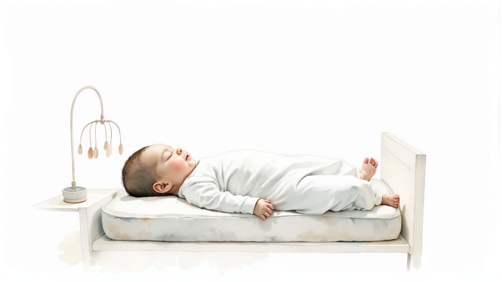 A serene nursery with a modern wooden crib, decorated in soft, neutral tones.