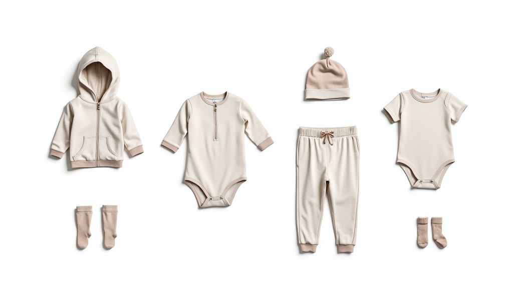 A collection of gender-neutral baby clothes in beige and tan, including a hoodie, onesies, pants, beanie, and socks.