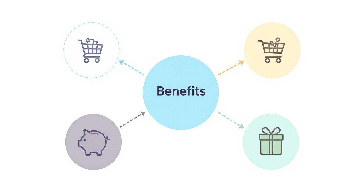 A conceptual diagram showcasing diverse benefits, including shopping, savings, and gifts, emanating from a central point.