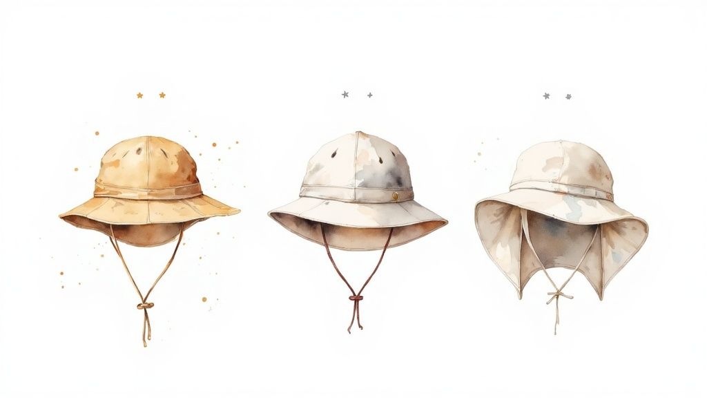 Watercolor illustration featuring three different baby sun hats in neutral colors.