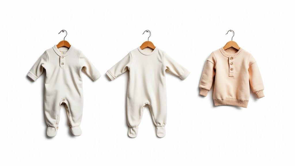 Three organic cotton baby garments hanging on wooden hangers in neutral cream and peach tones