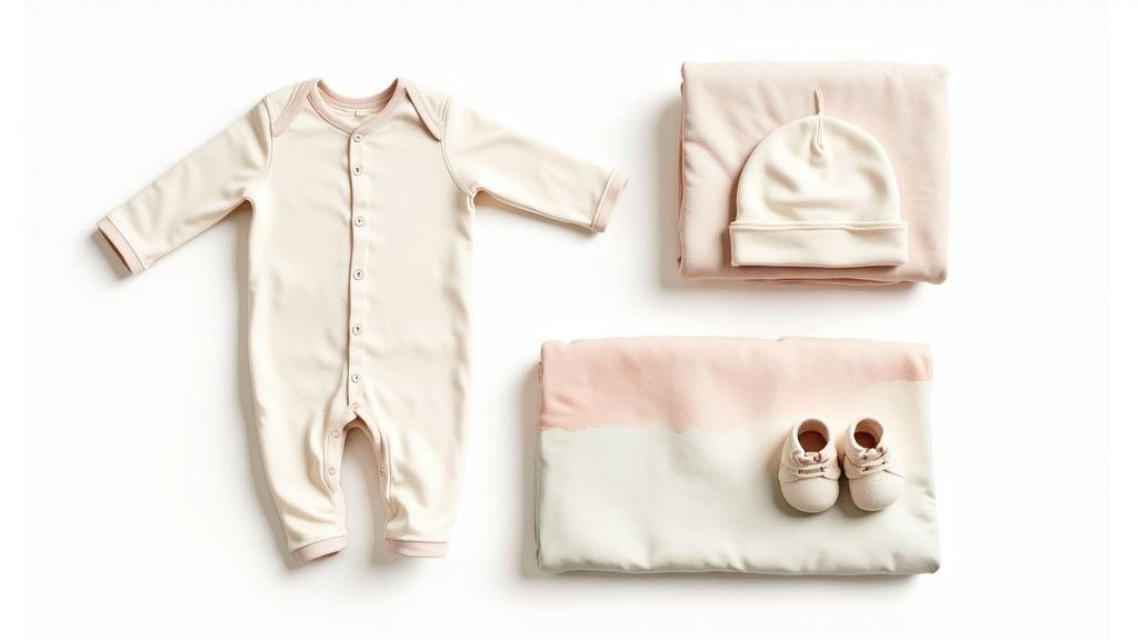 Cream and pink baby romper, hat, booties, and two blankets arranged on a white background.