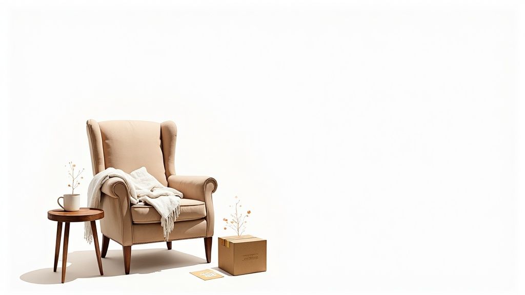 A cozy beige armchair with a white blanket, a side table, a mug with dried flowers, and a cardboard box on a white background.
