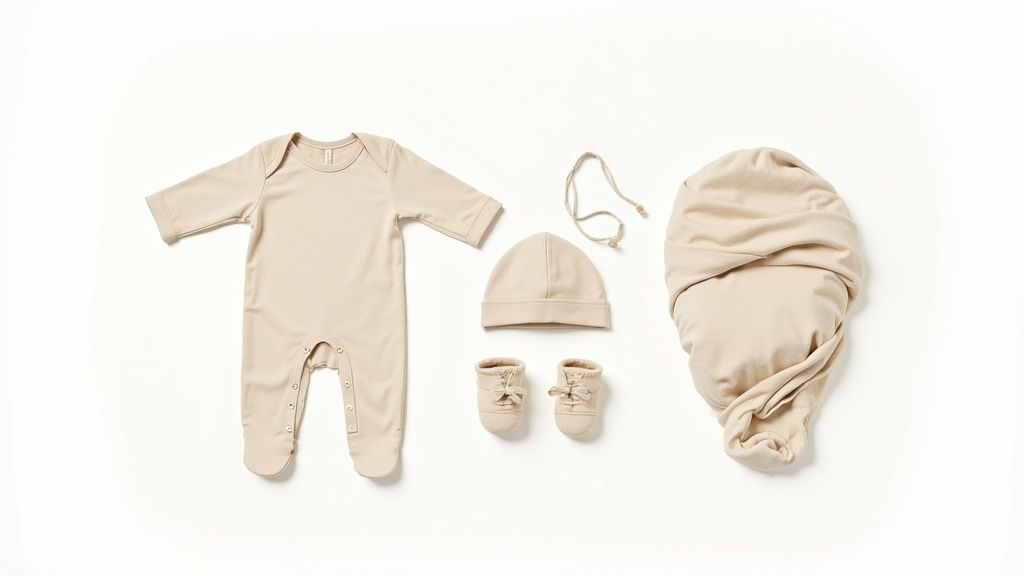 Flat lay of a gender-neutral beige newborn clothing set, including romper, hat, booties, and swaddle.