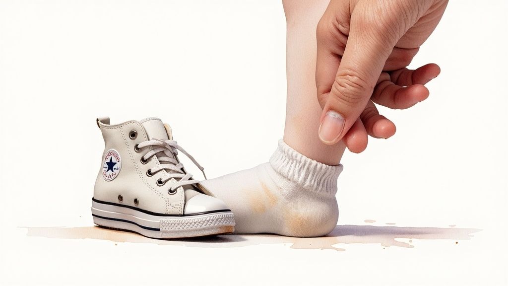 Toddler foot in white sock next to miniature cream colored Converse high top sneaker