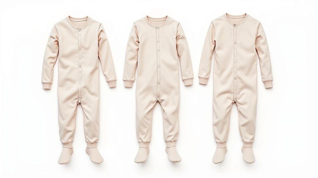 Three light pink baby footed pajamas with full zippers, neatly displayed on a white background.
