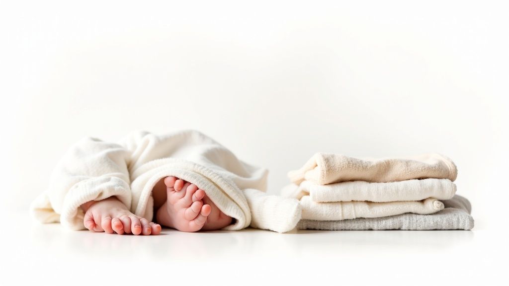 Adorable baby feet in a cozy white blanket next to a neat pile of organic baby clothing.