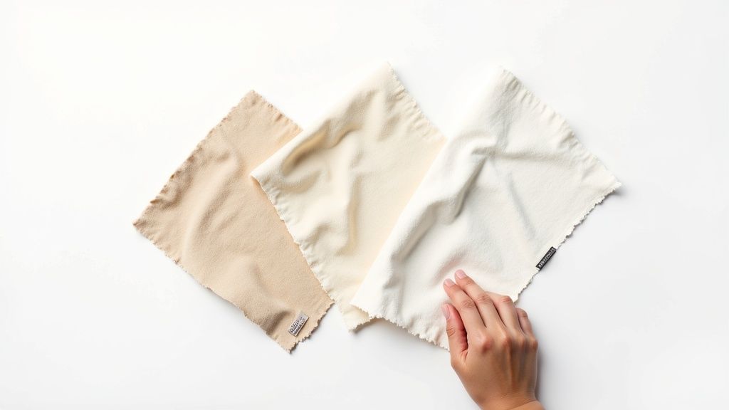 Three natural-colored fabric cloths, likely towels, displayed on a white background, with a hand touching one.