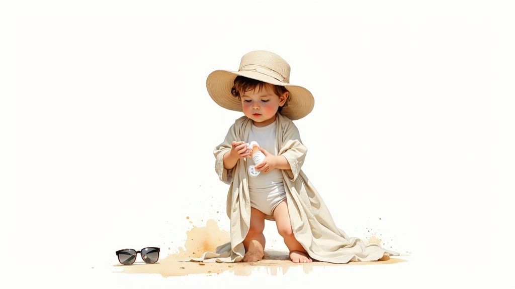 Cute toddler boy in a sun hat and robe, holding a bottle, with sunglasses on sand.