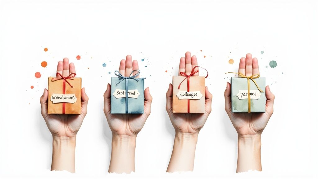 Four hands holding gift boxes labeled Grandparent, Best friend, Colleague, and Partner, on white background.