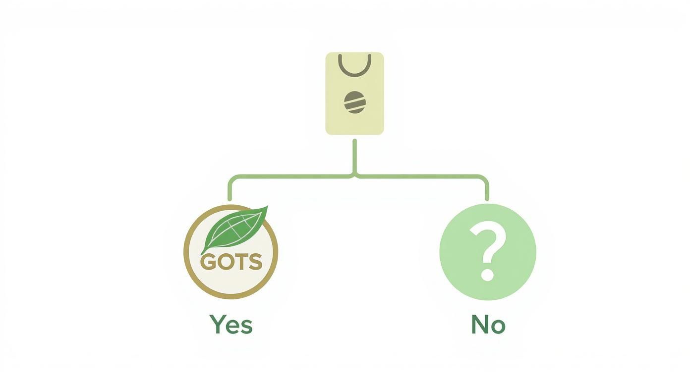 Diagram showing GOTS certified organic shopping bag with yes and no decision branches
