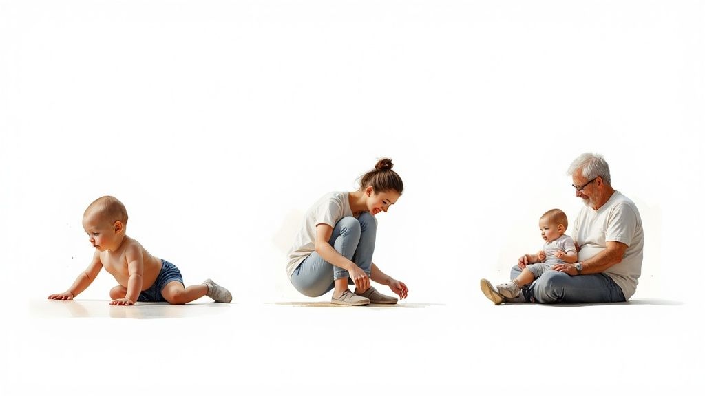 Three separate scenes on white background: a baby crawling, a young woman squatting, and an older man holding a baby.