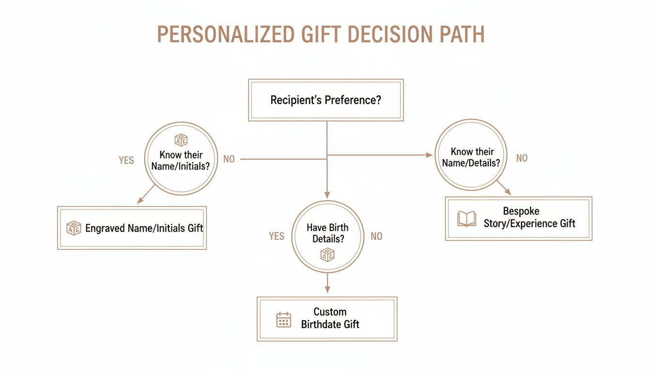 A flowchart outlining a personalized gift decision path, including engraved, custom birthdate, and bespoke story gift options.