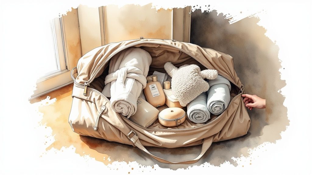 A neatly packed hospital bag with baby essentials, sitting on a bed.