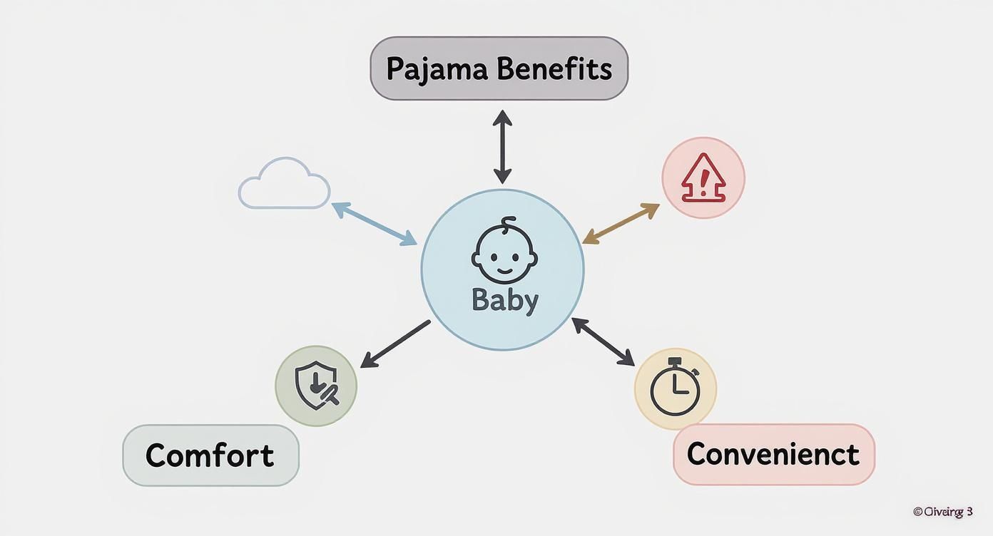 A mind map illustrating pajama benefits for a baby, including comfort and convenience.