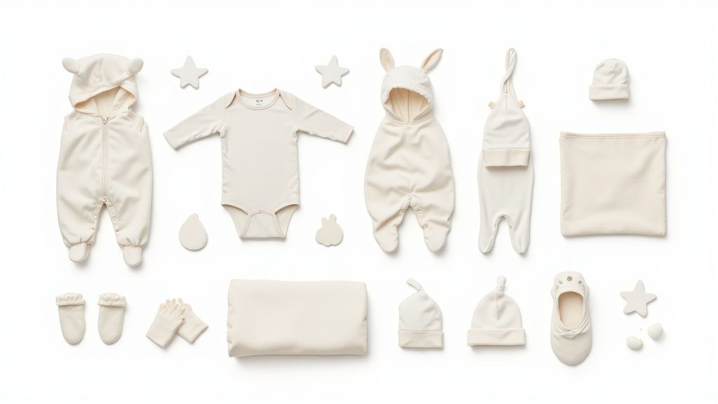 A minimalist flat lay of cream-colored baby clothing and accessories, including rompers, bodysuits, hats, and mittens.