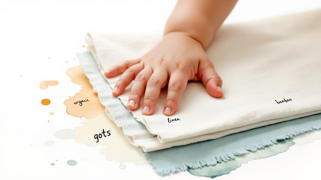 A baby's hand gently touching organic, GOTS, linen, and bamboo fabric swatches.