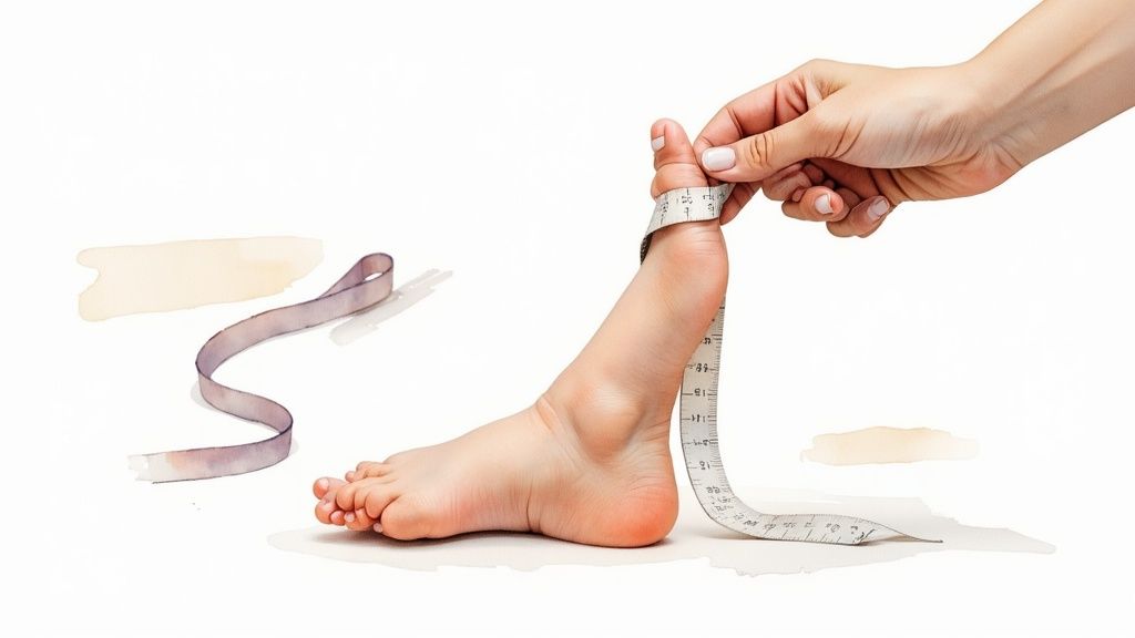 Hand measuring foot circumference with tape measure for accurate sock size fitting