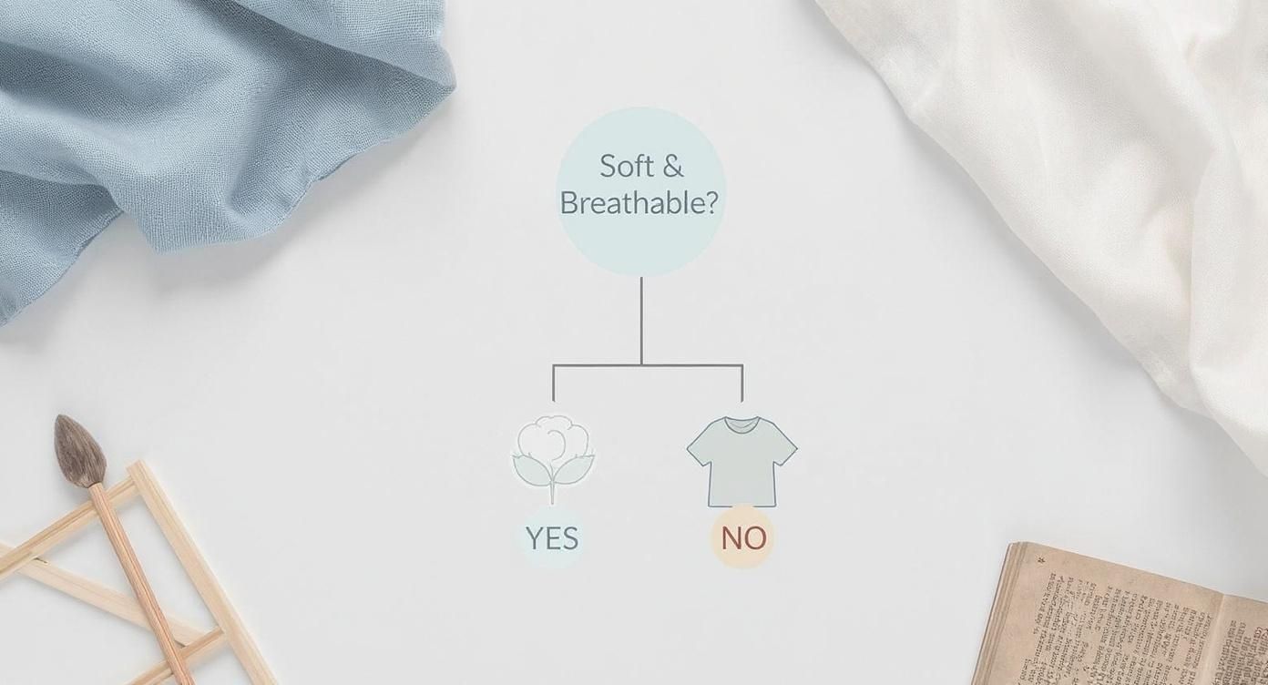Flowchart asking 'Soft & Breathable?' with cotton for YES and a t-shirt for NO, amidst textiles.