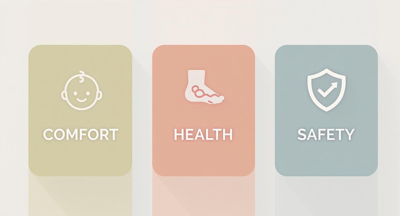 Three cards showing baby comfort, foot health, and safety icons representing infant sock size considerations