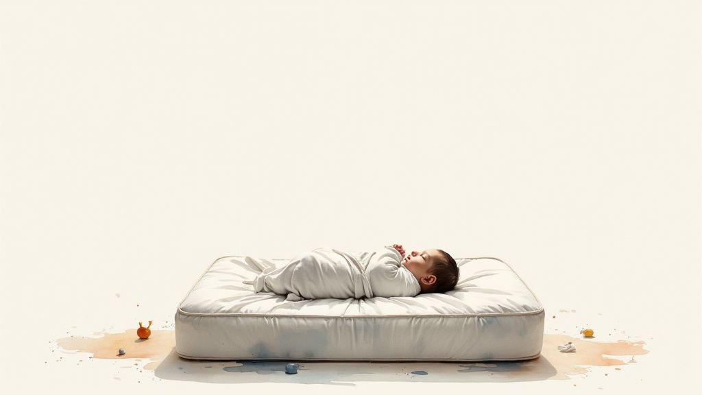 A peaceful newborn baby swaddled in white, sleeping on a minimalist mattress with soft background.