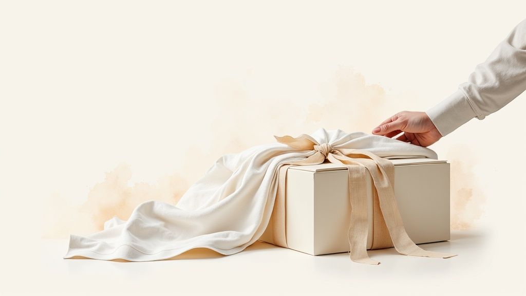 A person's hand reaches for an elegant gift box, wrapped in white fabric and a beige bow.