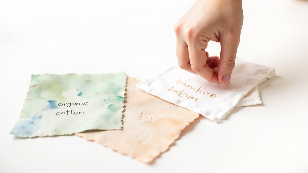 A hand selects a white bamboo fabric swatch from various natural material samples.