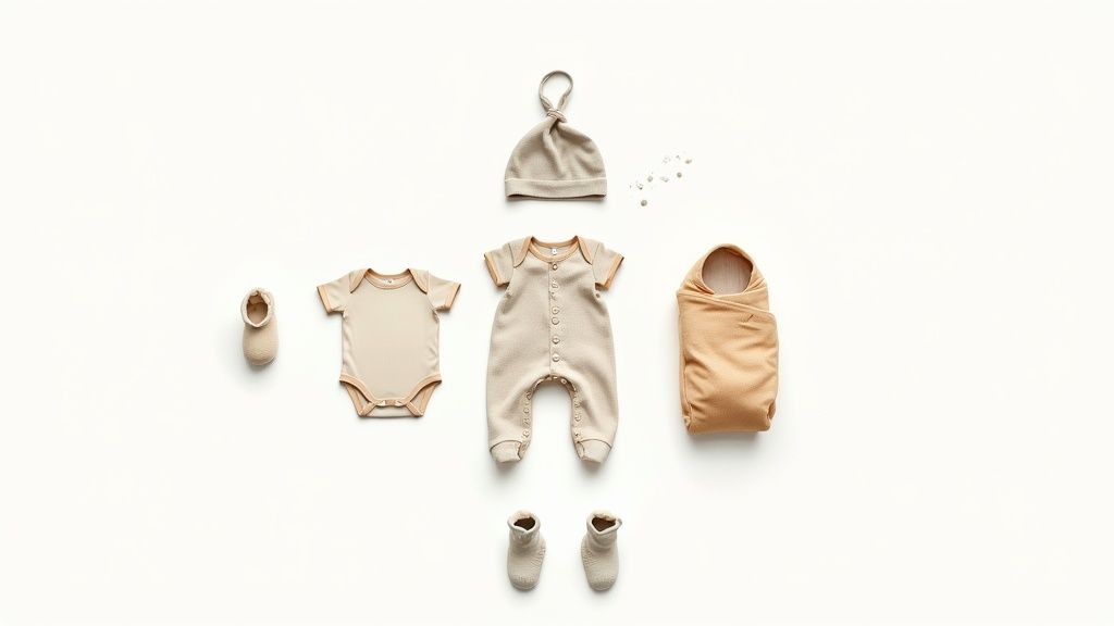 Flat lay of neutral beige newborn baby clothing: onesie, romper, hat, booties, and swaddle blanket.