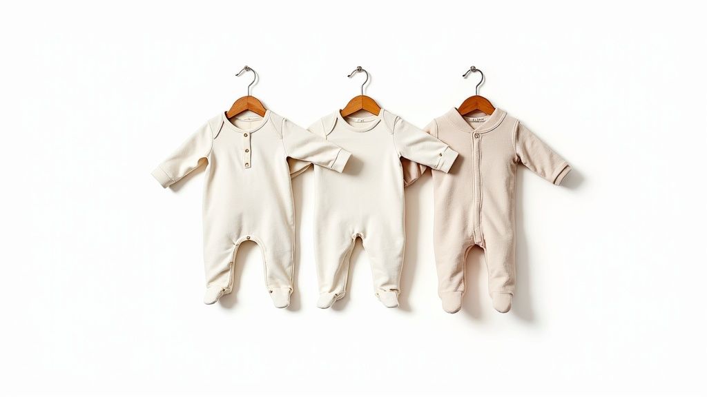 Three neutral-colored, long-sleeved baby rompers hanging on wooden hangers against a white background.