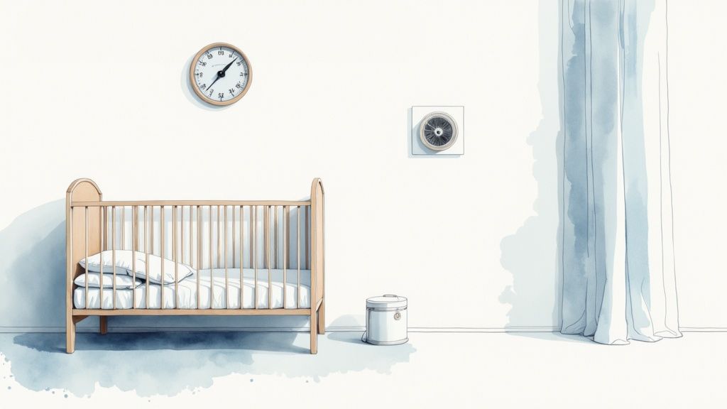 A serene and safe baby nursery with a crib and a fan in the corner.
