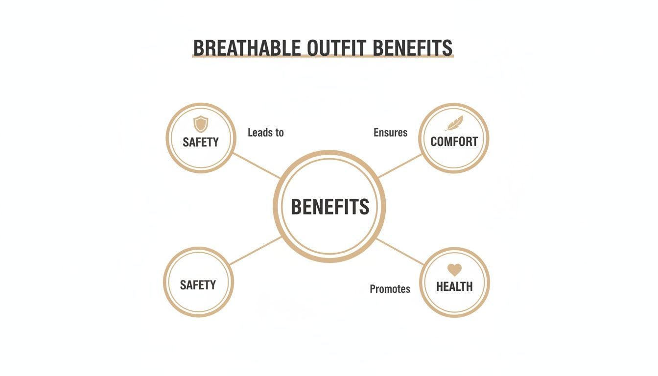 A mind map illustrating breathable outfit benefits: safety, comfort, and health.