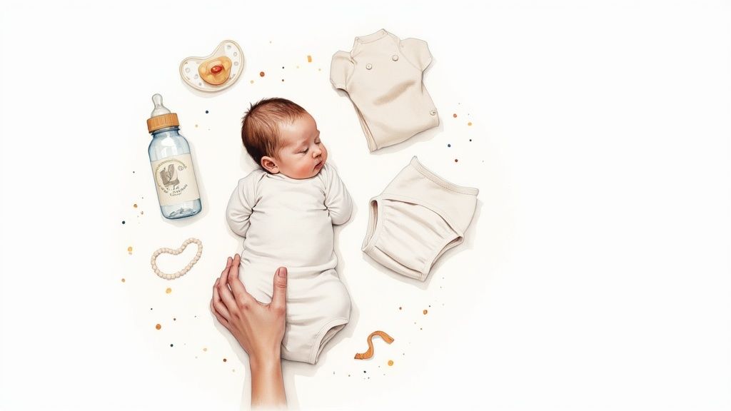 A neatly organized collection of newborn essentials including soft clothing, shoes, and toys.