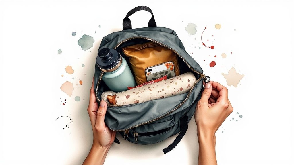 A support person holding a packed bag, looking prepared and supportive in a hospital waiting area.