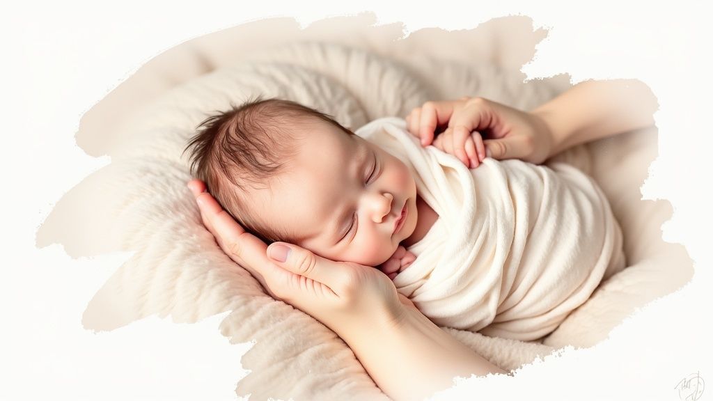 Newborn baby peacefully sleeping wrapped in soft white organic cotton blanket