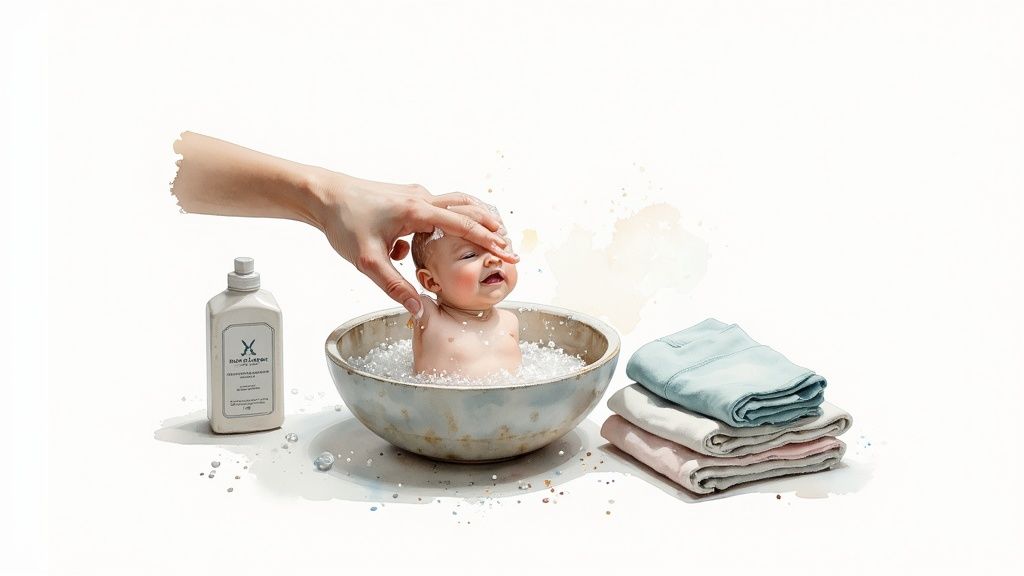 A stack of clean,folded newborn clothes next to a washing machine.