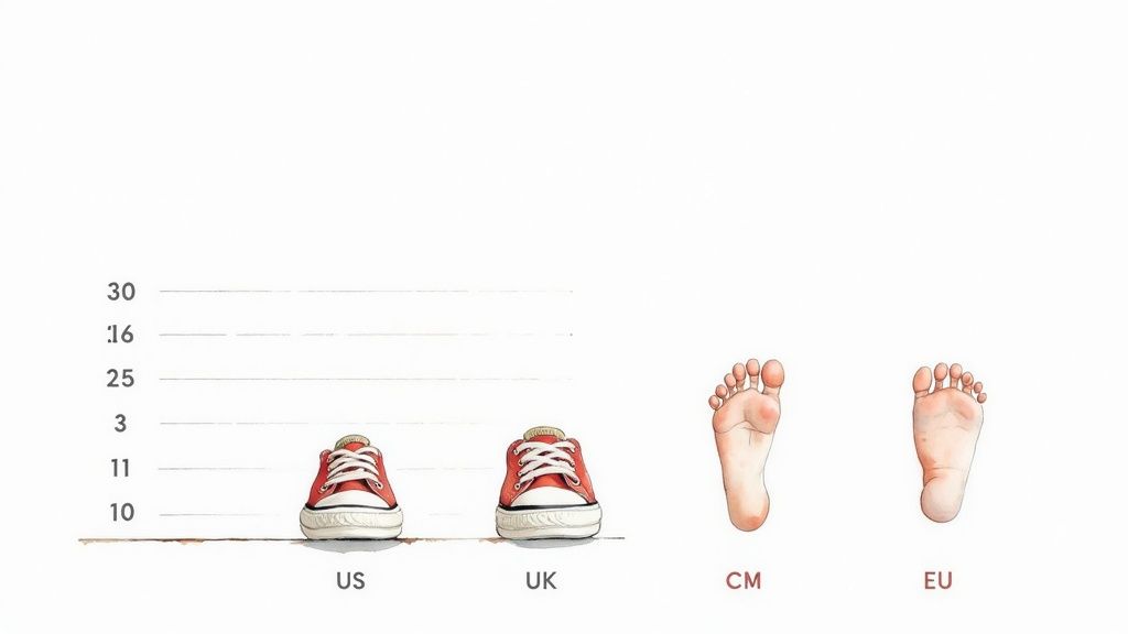 Toddler shoe size conversion chart showing US, UK, CM and EU measurements with sneakers and feet illustrations