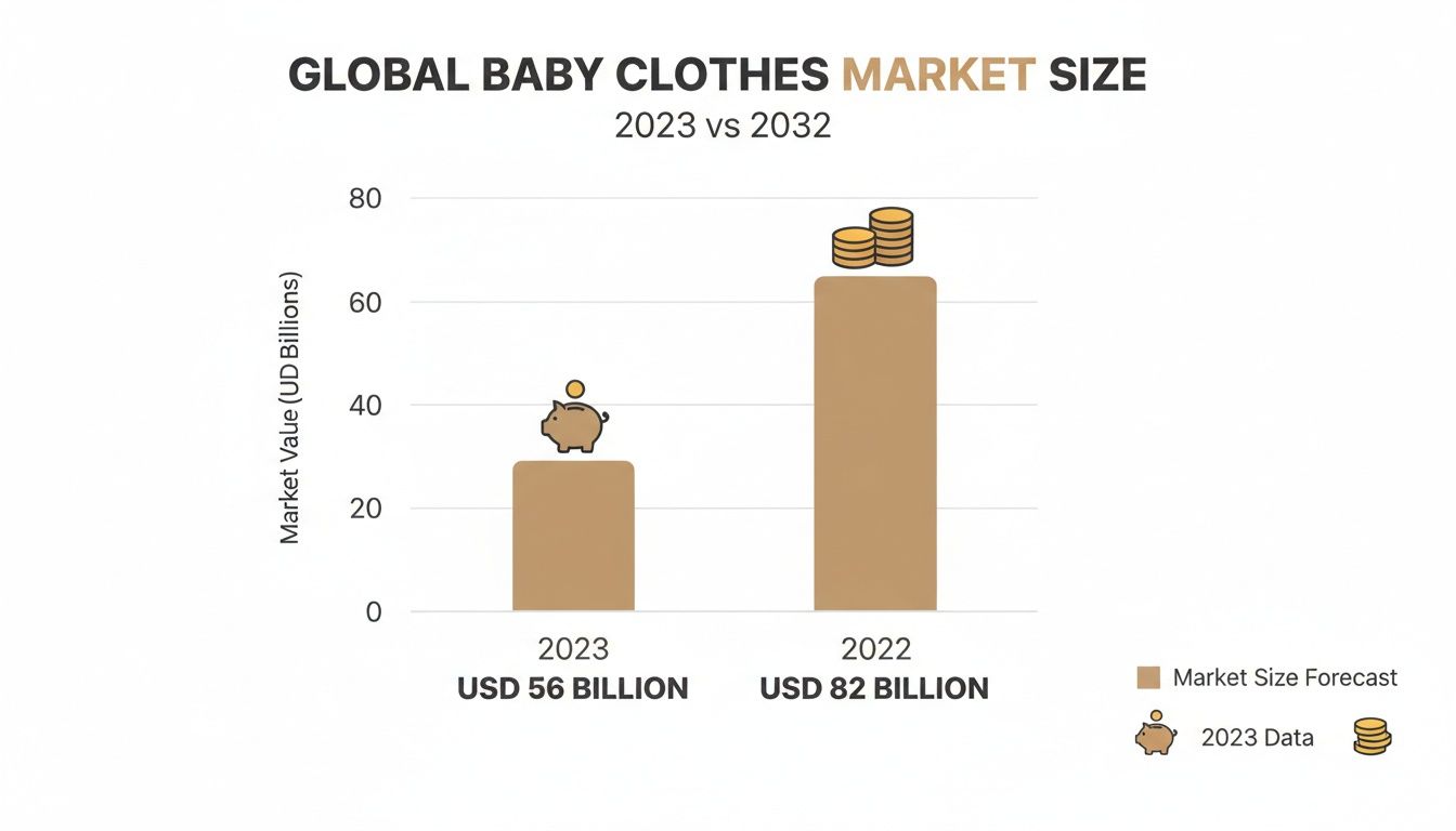 Bar chart showing global baby clothes market size increasing from $56 billion in 2023 to $82 billion forecast for 2032.