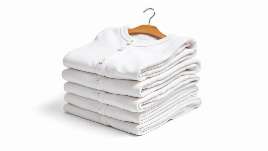 A stack of white, folded baby clothes with one garment on a wooden hanger.