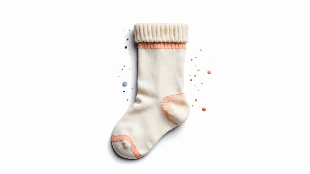 Cream colored baby sock with peach accents and ribbed cuff on white background