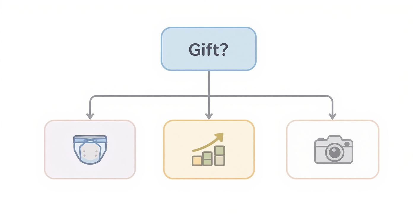 A diagram exploring gift ideas, showing a diaper, a growth chart, and a camera icon.
