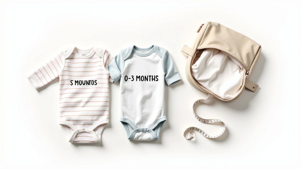 Two baby bodysuits, one striped, one white, with a beige baby bag and measuring tape.