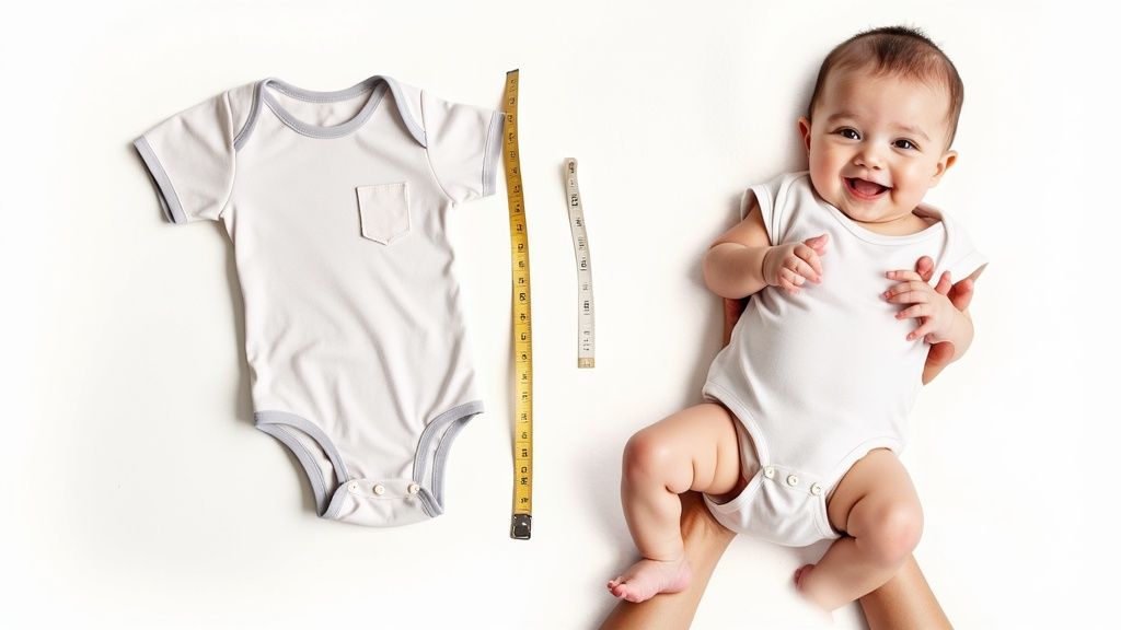 A happy baby in a white onesie next to a similar onesie and measuring tapes, illustrating infant clothing sizes.