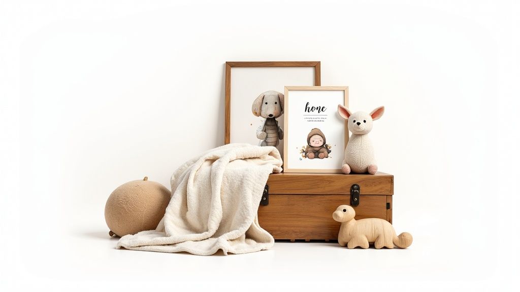Cute baby shower gifts including framed art, plush toys, a blanket, and wooden toys.