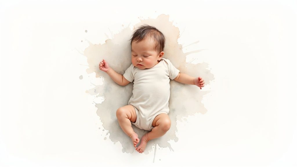 A peaceful newborn baby sleeps soundly on a white surface with soft watercolor accents.