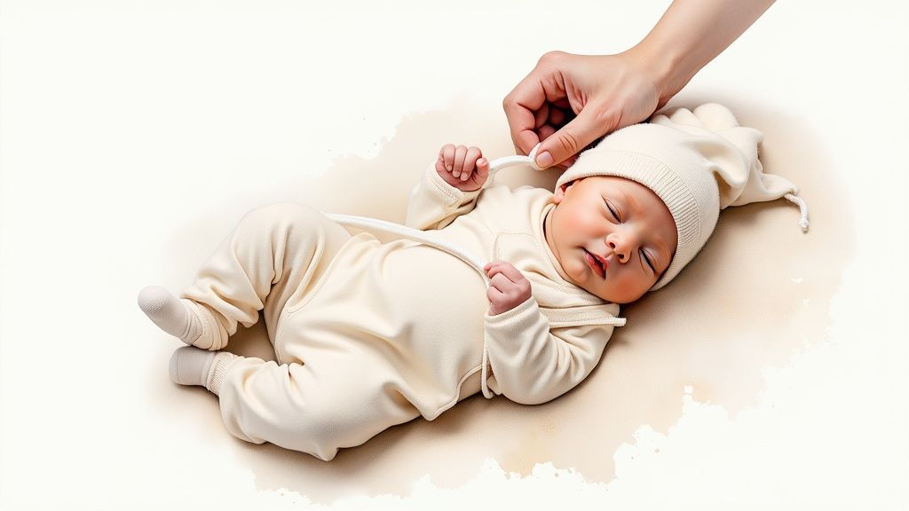 A sleeping newborn baby in a cream outfit and hat, with a hand gently adjusting their clothing.